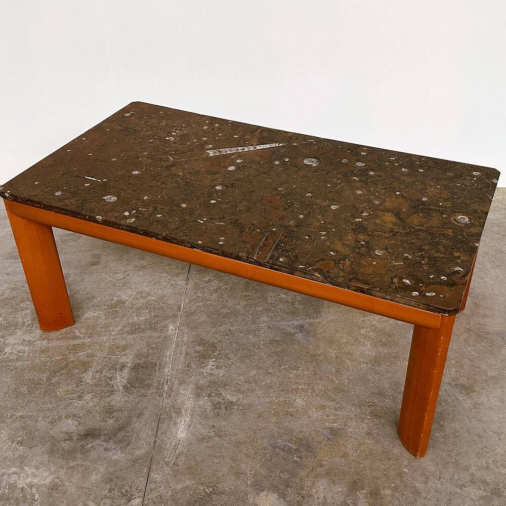 1970s modernist fossil marble coffee table with wooden base