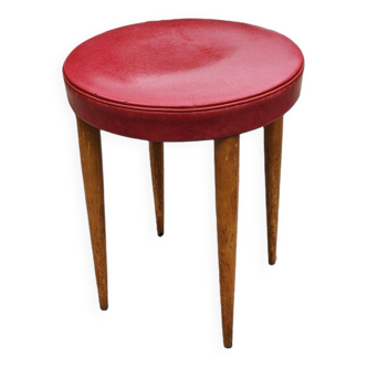 Baumann Low Stool Varnished Beech and Red Faux Leather