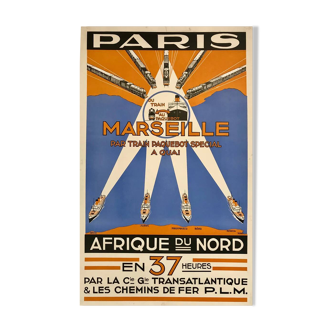 Affiche original Paris Marseille Afrique du Nord PLM 1930 - Petit Format - On linen