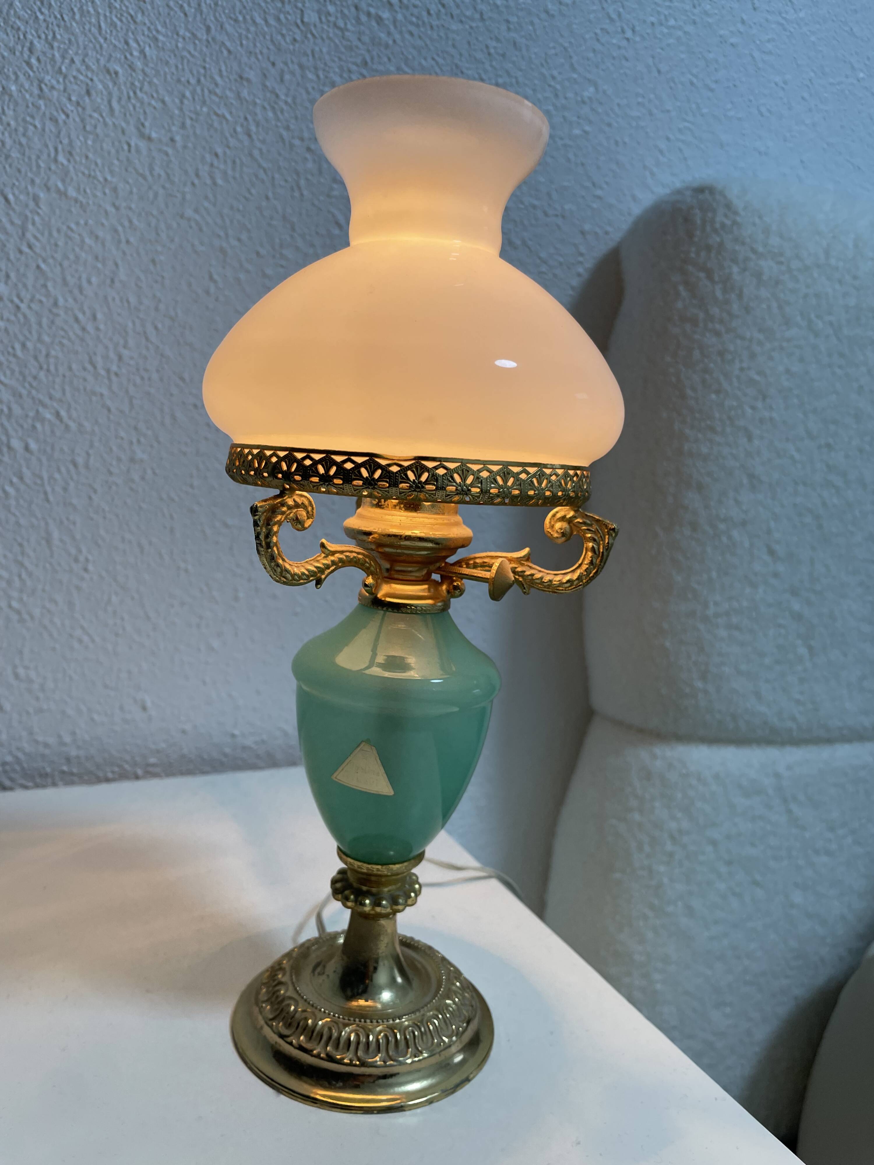 vintage turquoise opaline table lamp electrified brass adorned