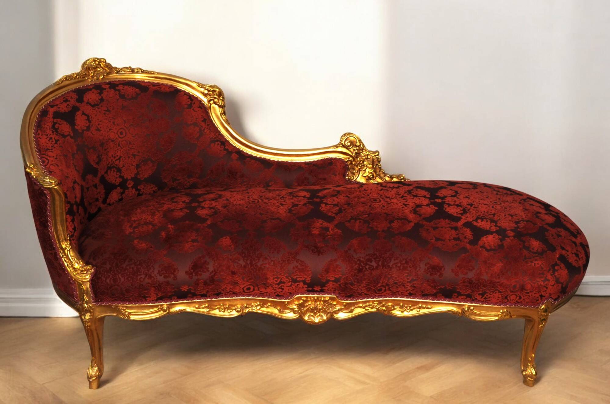 Louis XV style bench, red and gold, carved beech wood and lace