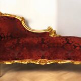 Louis XV style bench, red and gold, carved beech wood and lace