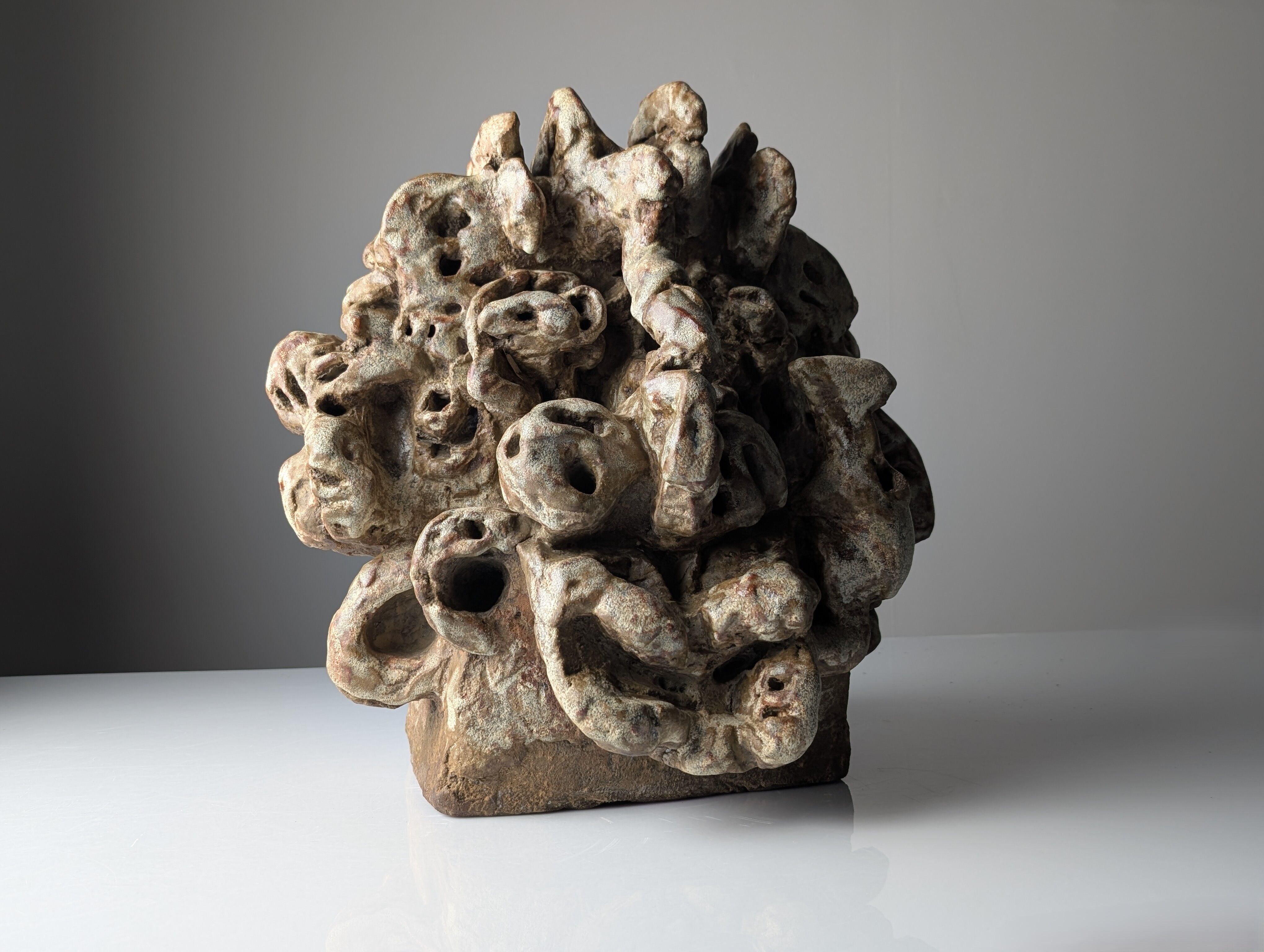 Large organic glazed stoneware sculpture with coral shapes, signed, 2002