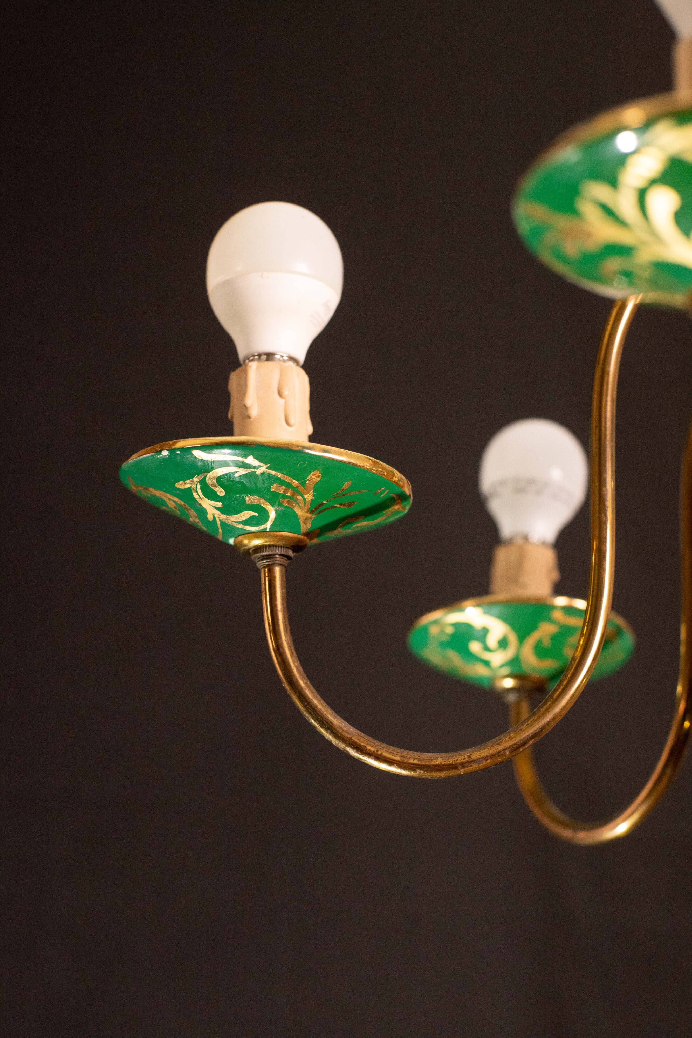 Art Deco Brass and Painted Terracotta Chandelier, 1950s