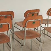 Set of 8 metal and wood school chairs  
Ex Czechoslovakia 1960