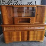 Buffet de cuisine galbe allemand double corps orme 1950s 6 tiroirs vitrine mag