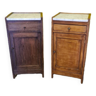 Set Of Oak Bedside Tables With Marble Top, From Around 1900