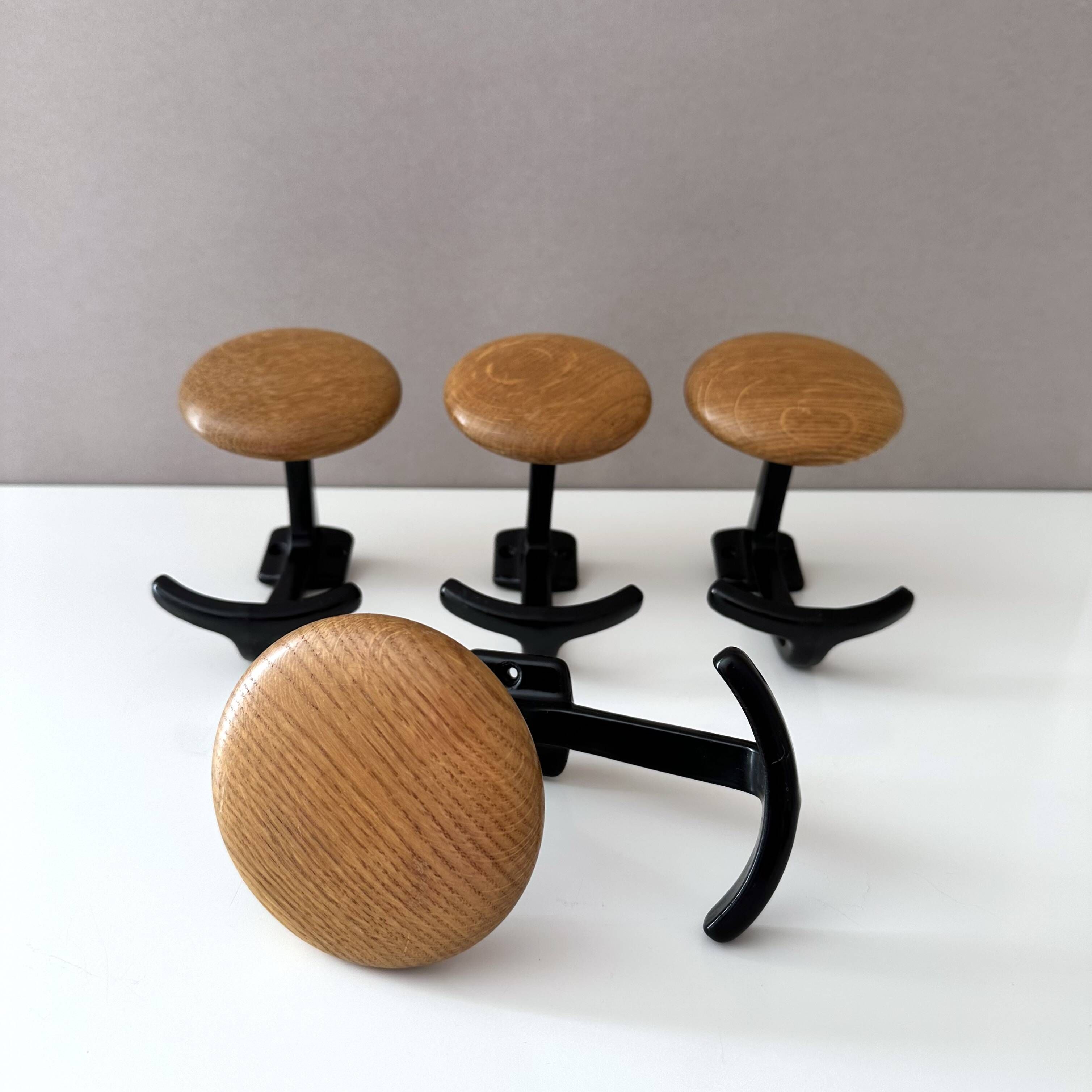 Vintage Set of 4 Wooden & Metal Coat Hooks | Wall-Mounted Hooks