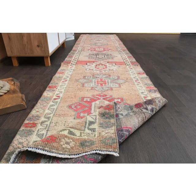 Vintage Turkish Oushak handmade wool cotton pink runner rug 79x372