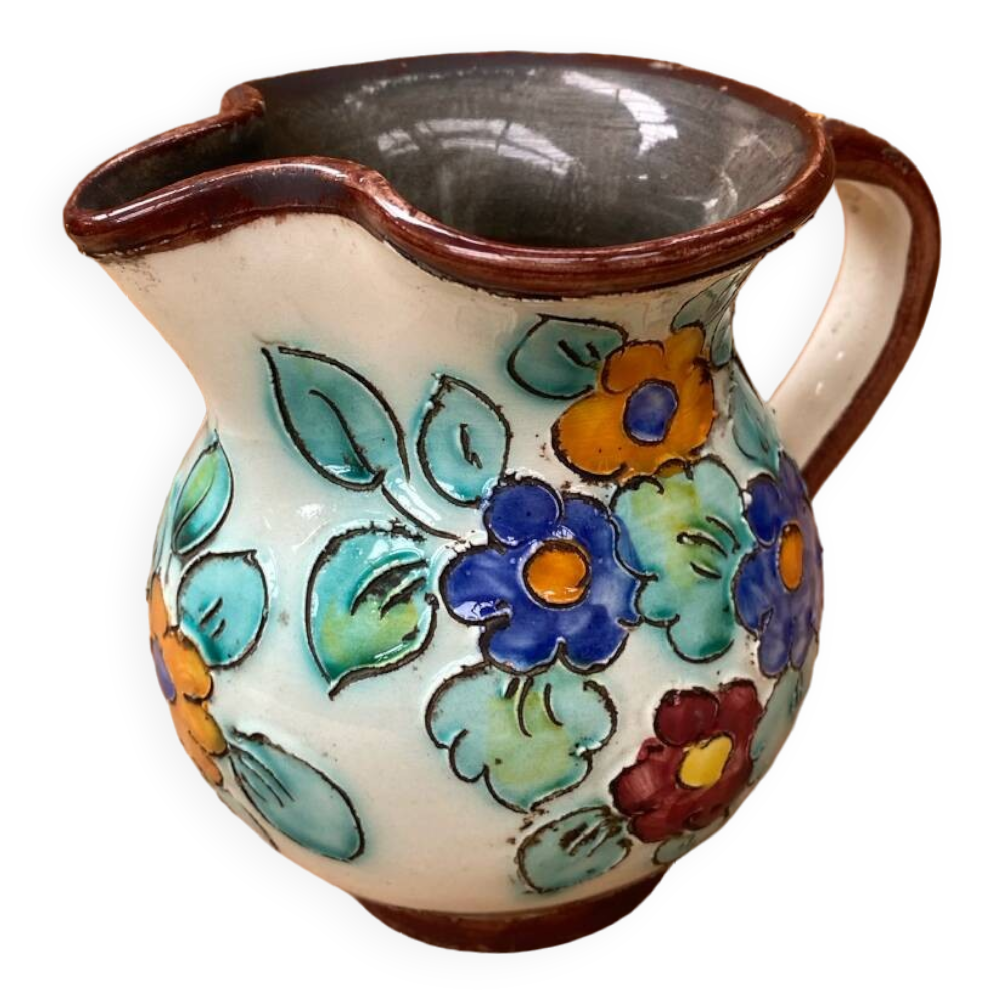 Antique cerart monaco ceramic pitcher chiseled flower decor 70's vintage