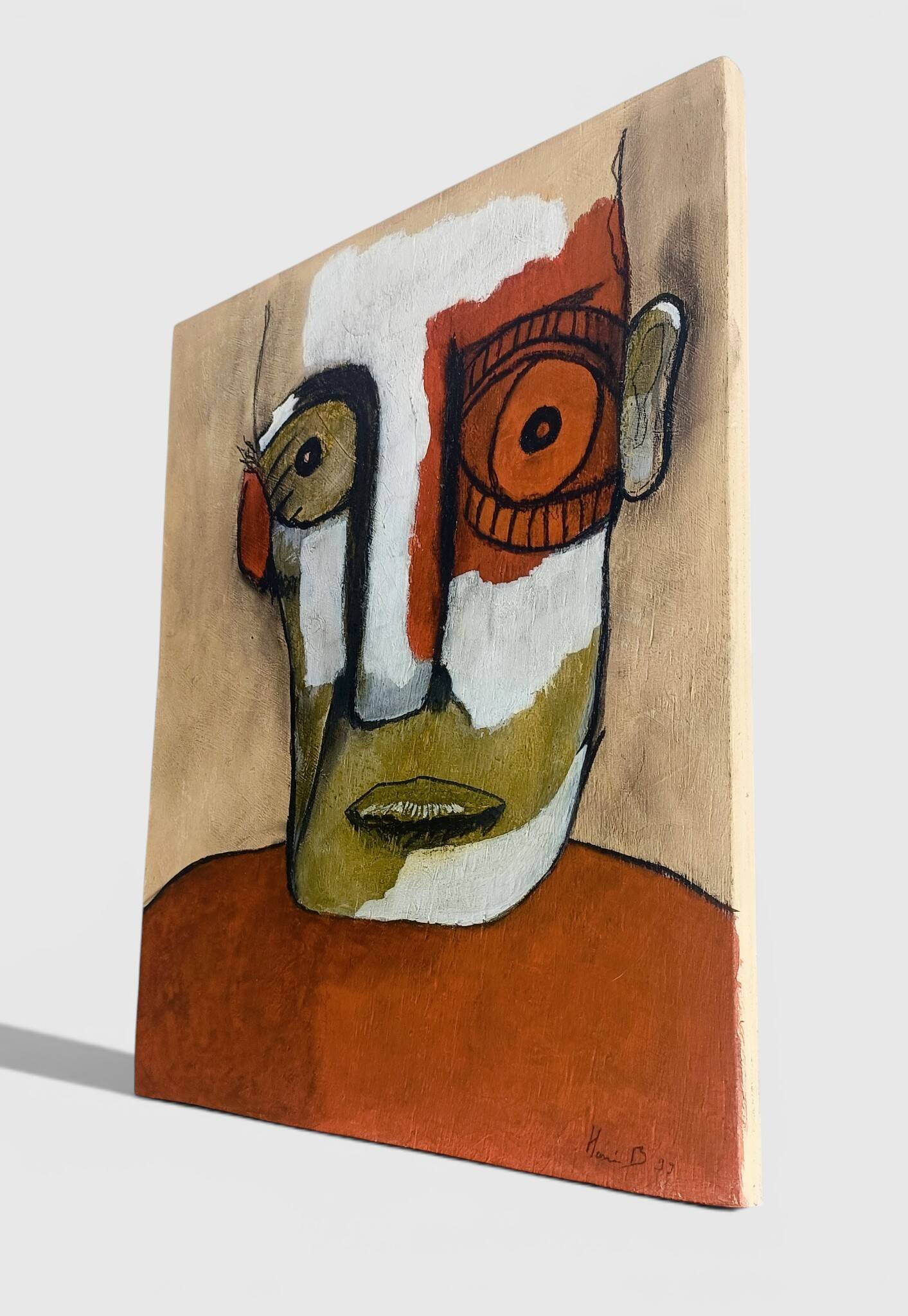 Abstract neo-primitive French portrait painting, mixed media on panel, 1999