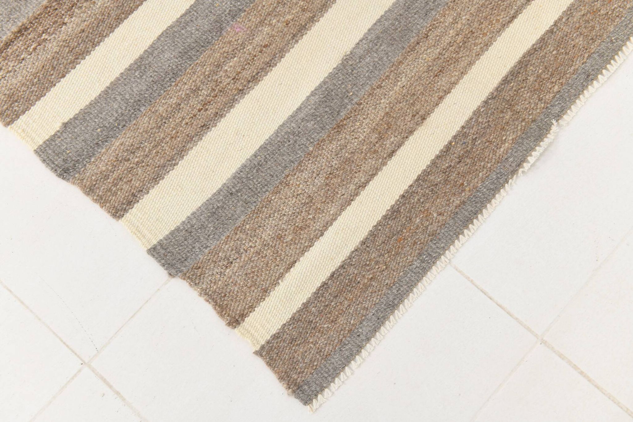 Contemporary Brown & Beige Striped Motifs Vintage Kilim Rug, 226x306Cm