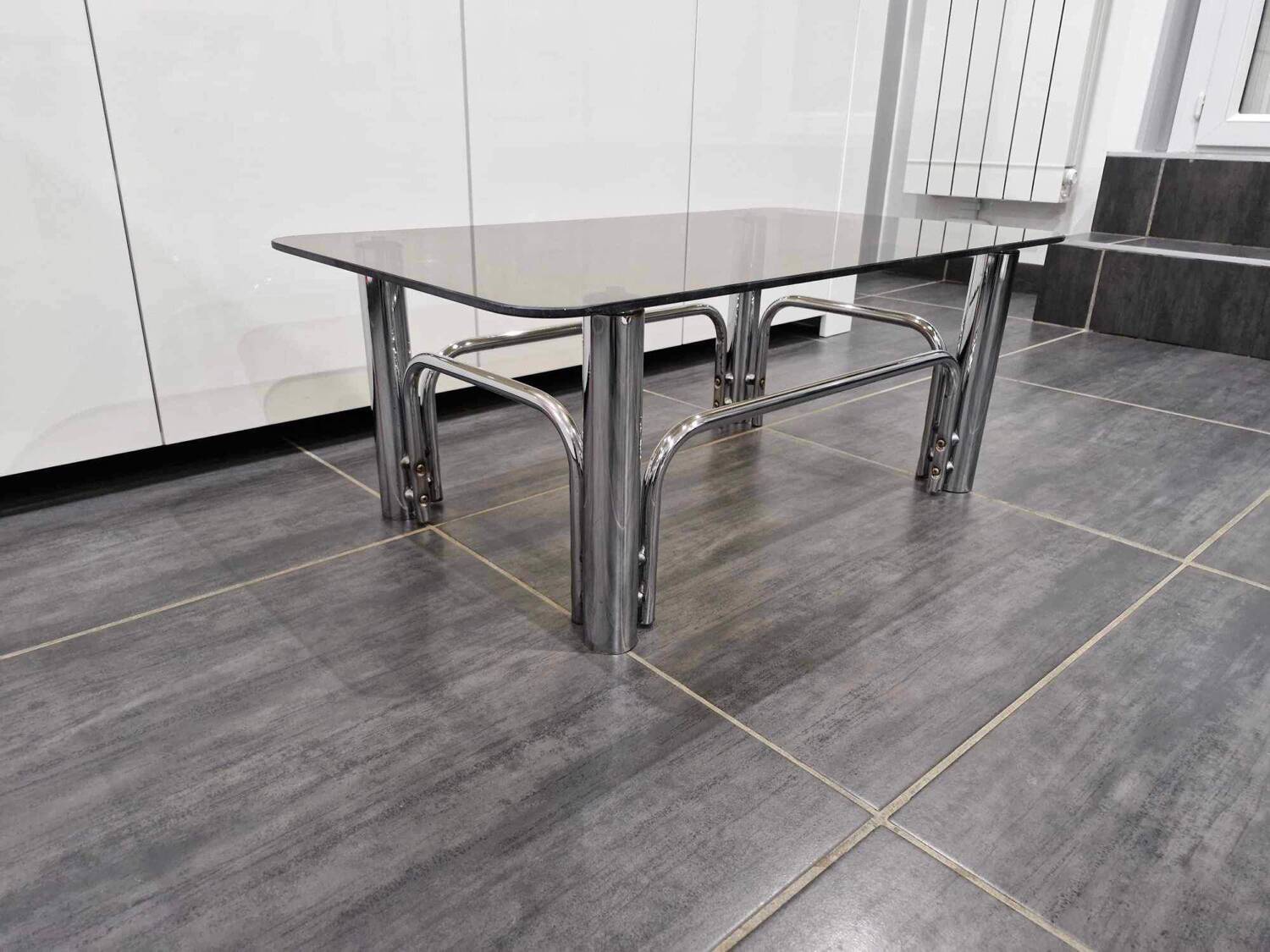 Vintage coffee table chrome metal and smoked glass 1970s