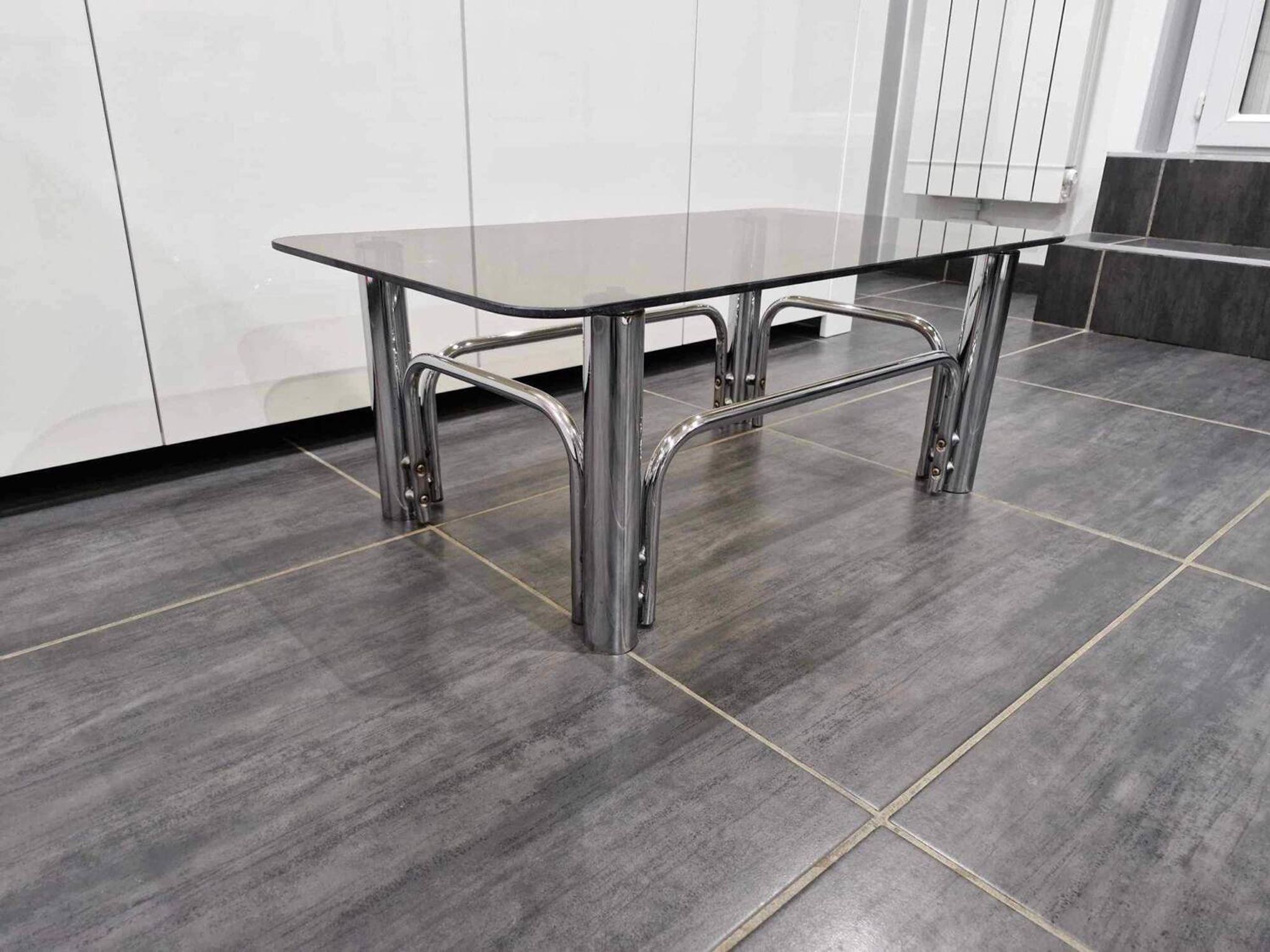 Vintage coffee table chrome metal and smoked glass 1970s
