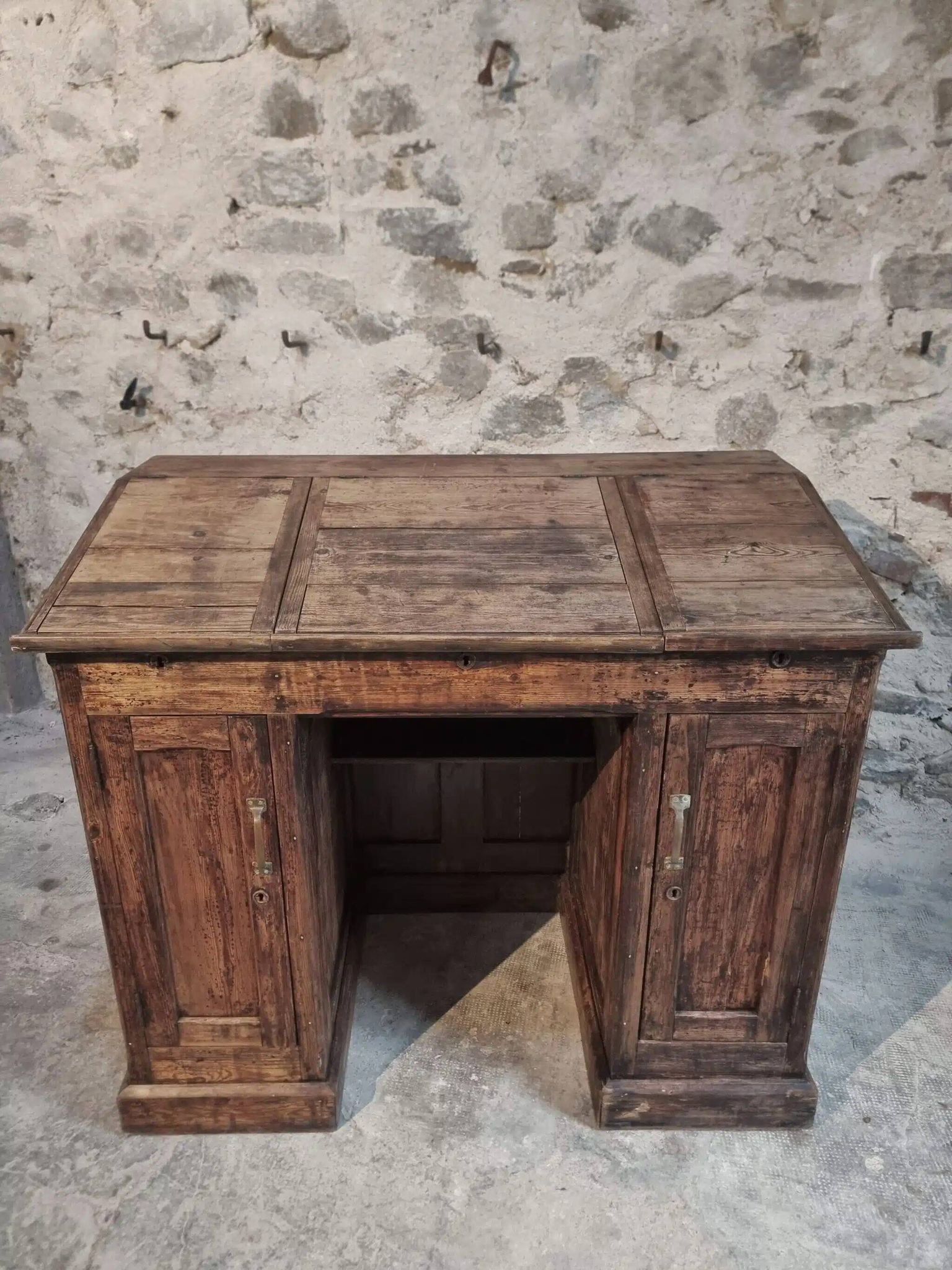 Antique French pine desk – 1880, bar/counter unit with drop-leaf compartments – 65×120×106 cm