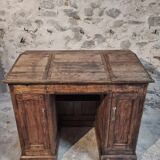 Bureau ancien en pin français – 1880, meuble bar / comptoir avec compartiments à abattants – 65×120×106 cm