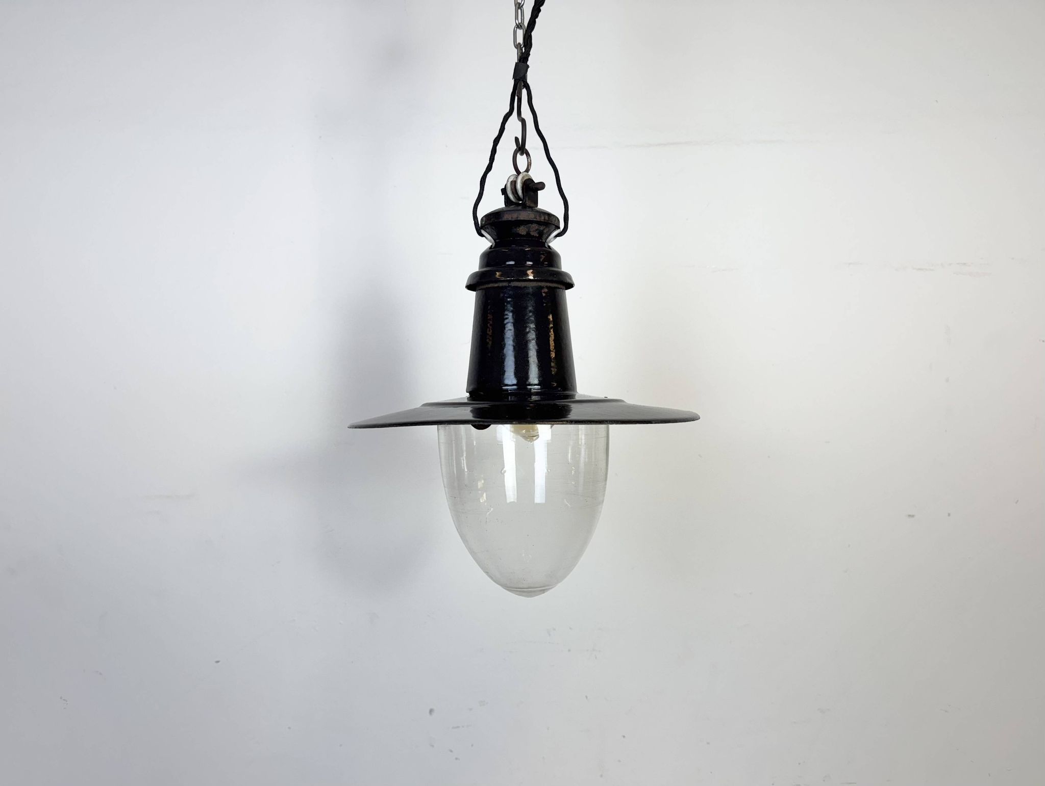 Industrial German Black Enamel Pendant Lamp with Glass Cover, 1930s