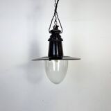 Industrial German Black Enamel Pendant Lamp with Glass Cover, 1930s