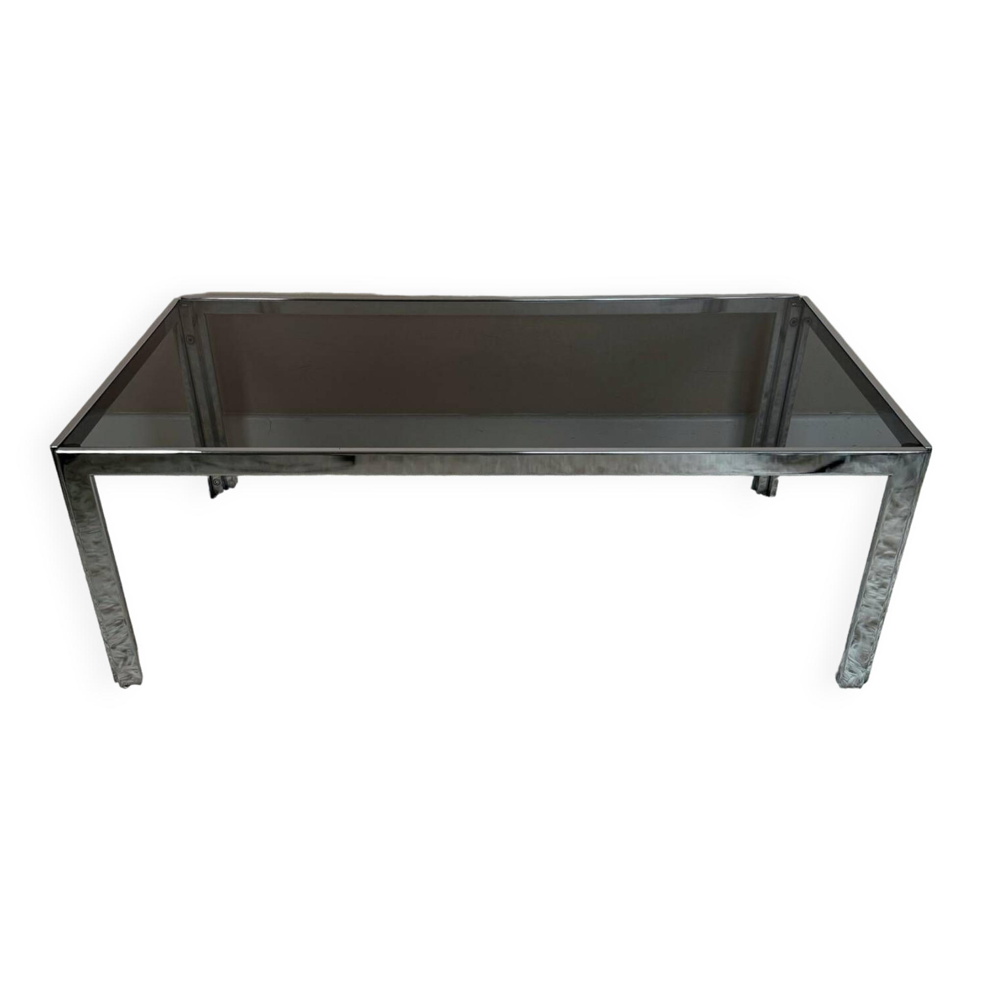 Table basse chromée et verre fumé années 70