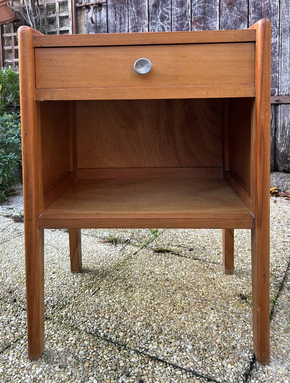 Wooden bedside table, warm tones, vintage, 1950s.
