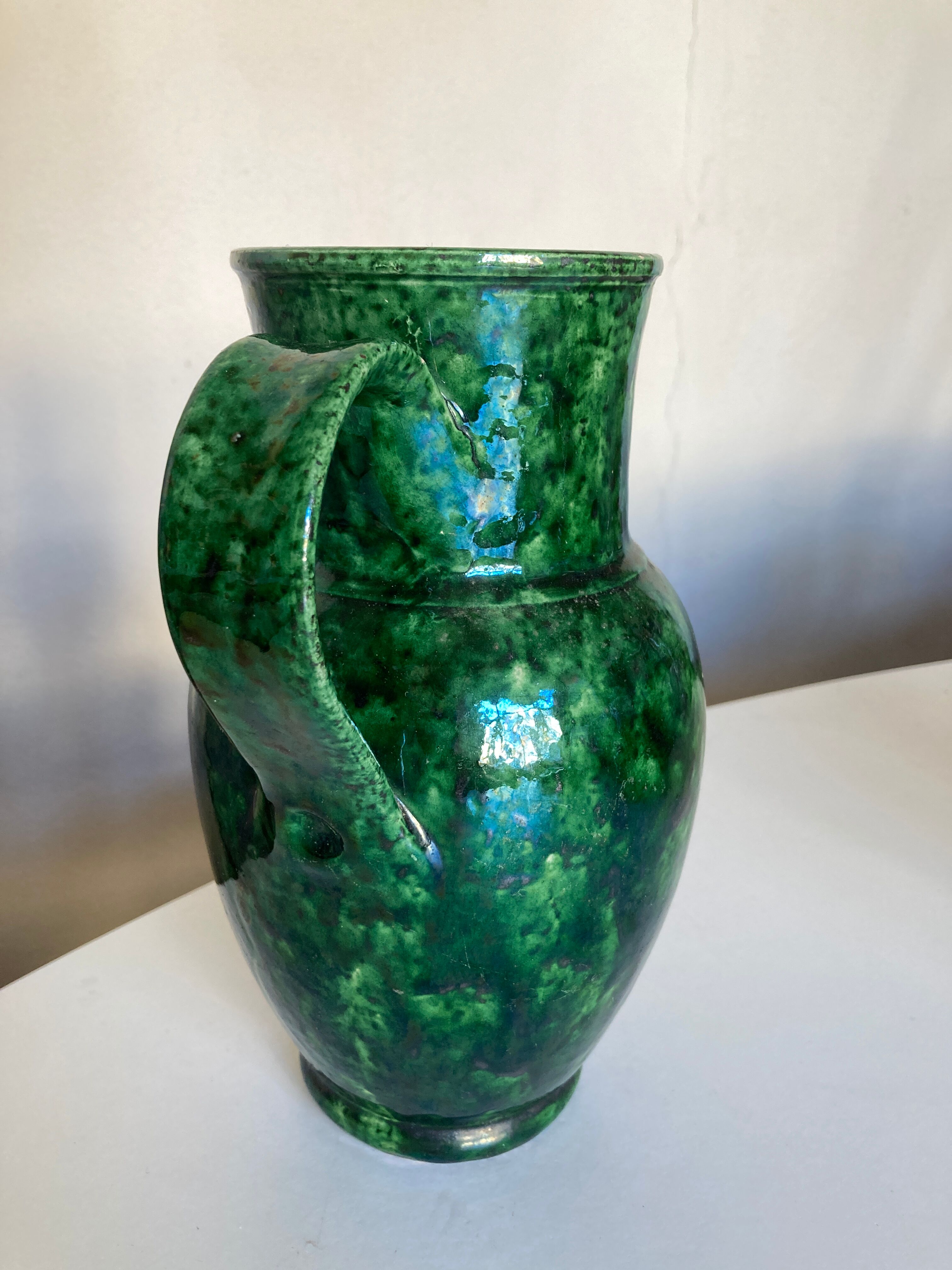Glazed earthenware pitcher vase in green, Vaullauris, 1960.