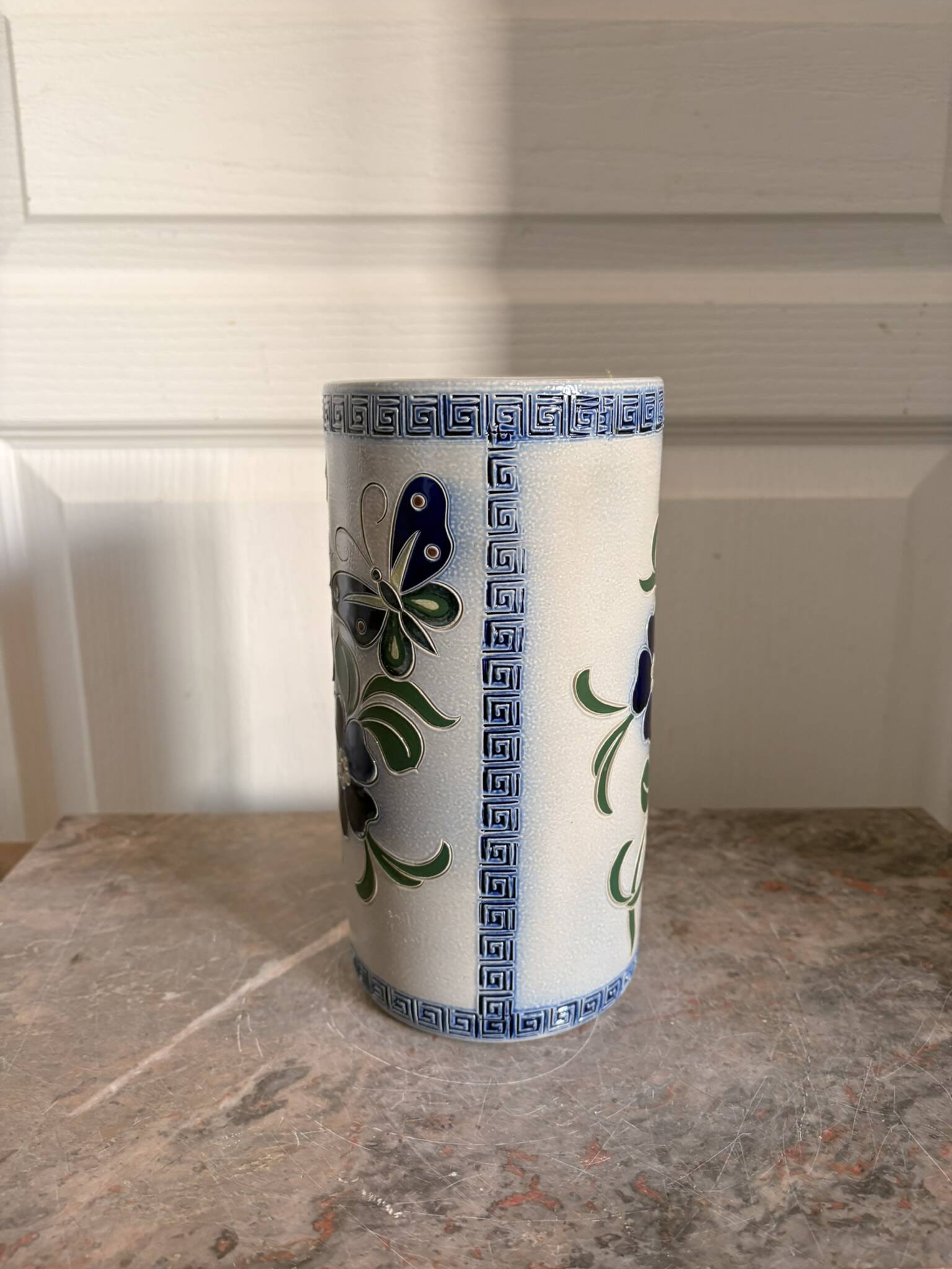 Old Stoneware Vase Ceramic Alsace Flowers Signed Paul Schmitter 1994 Unique