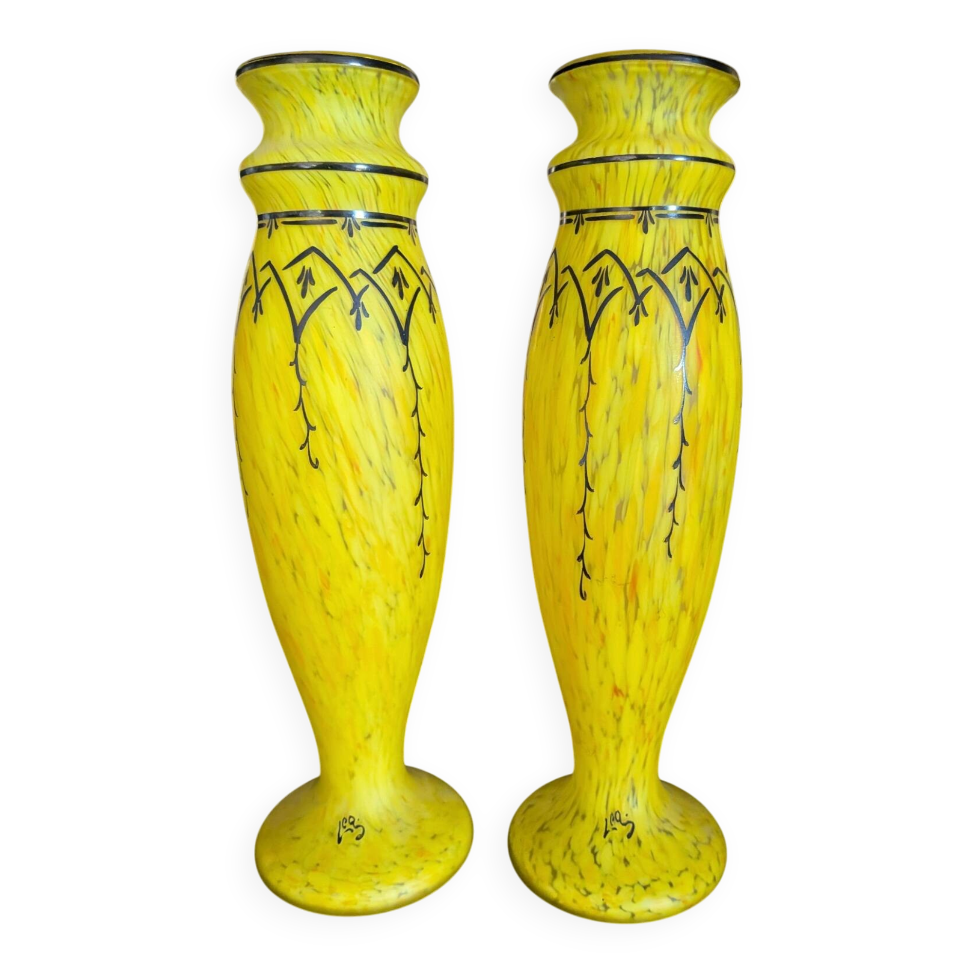 Pair of Legras vases — yellow marbled glass, enamelled Art Deco decoration,