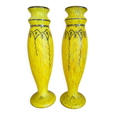Pair of Legras vases — yellow marbled glass, enamelled Art Deco decoration,