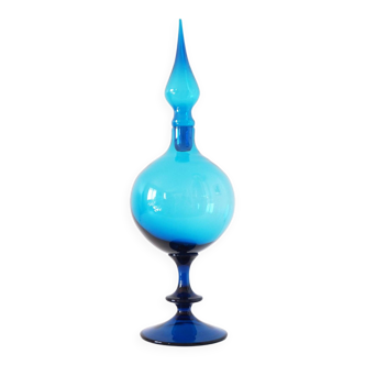 Carafe italienne sur pied en verre soufflé bleu EMPOLI