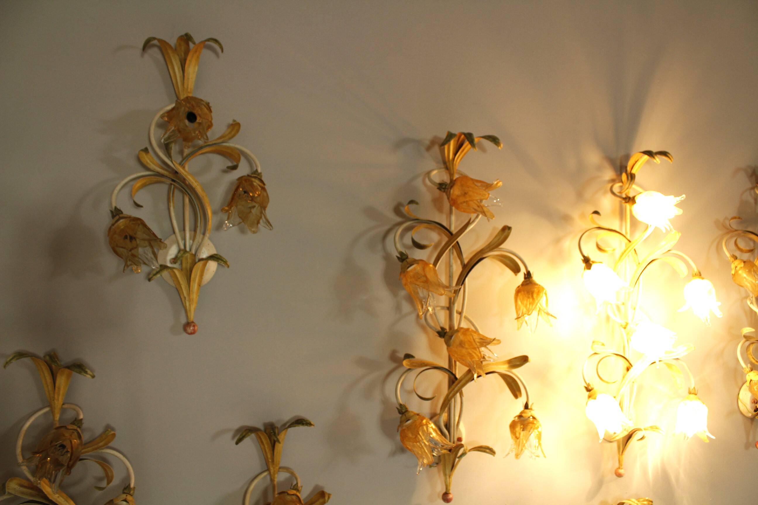 Set of 10 Wall Lights from colored hand crafted iron and Murano glass