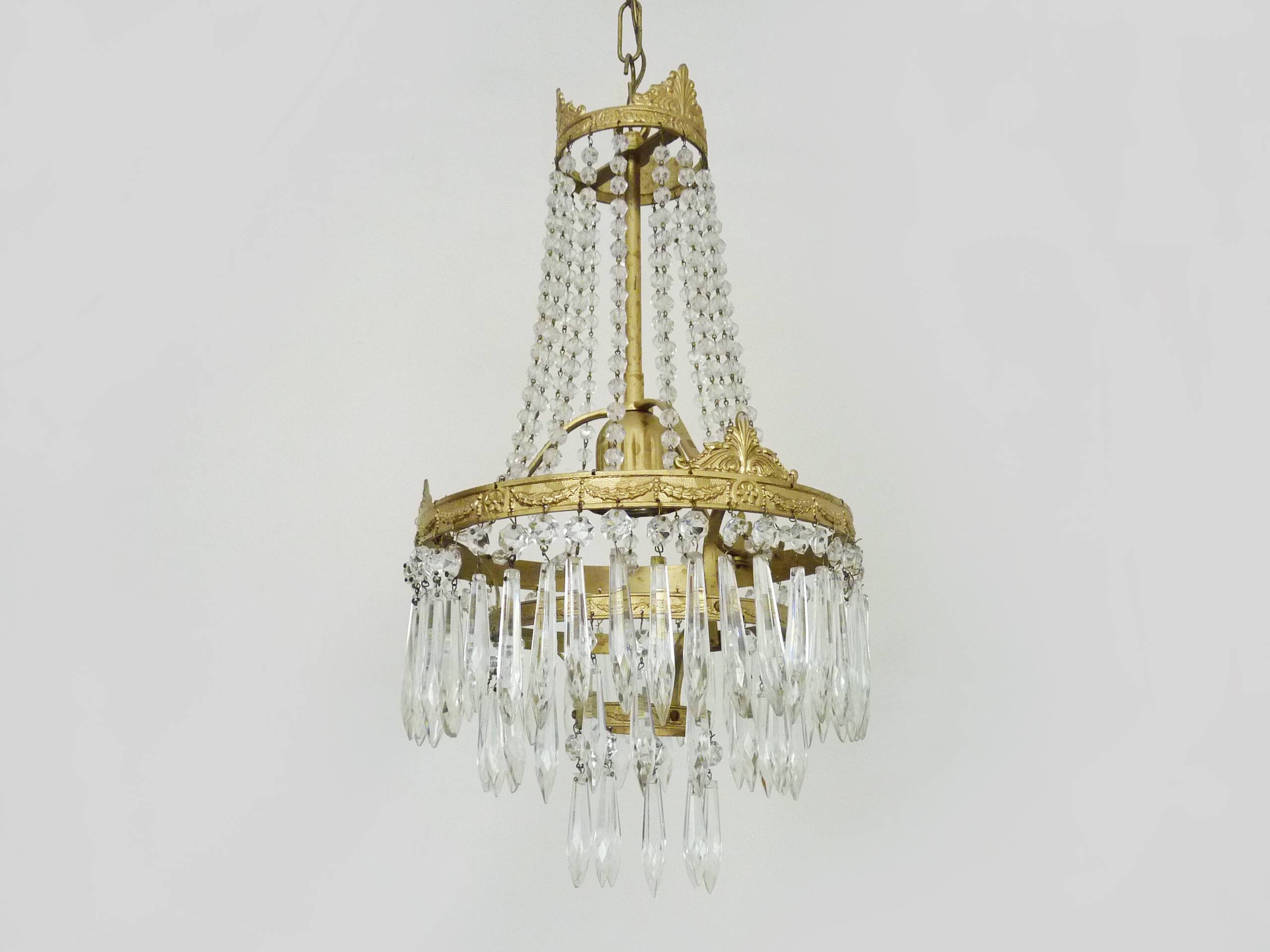 Vintage three-tiered balloon chandelier, glass pendants. 1970s.