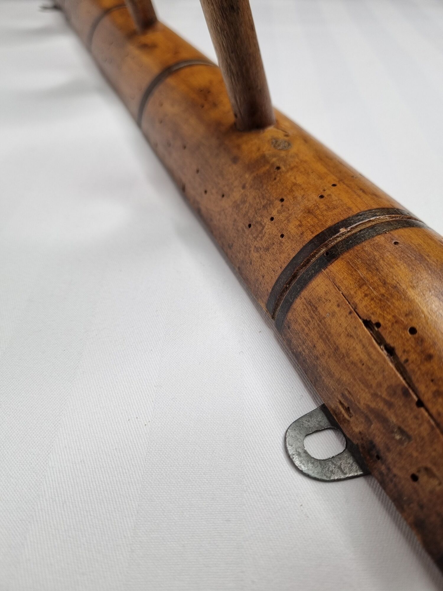 Old wooden coat rack turned in imitation of bamboo, 5 hooks, 63 cm