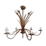 Gilded metal chandelier decorated with reeds and flowers