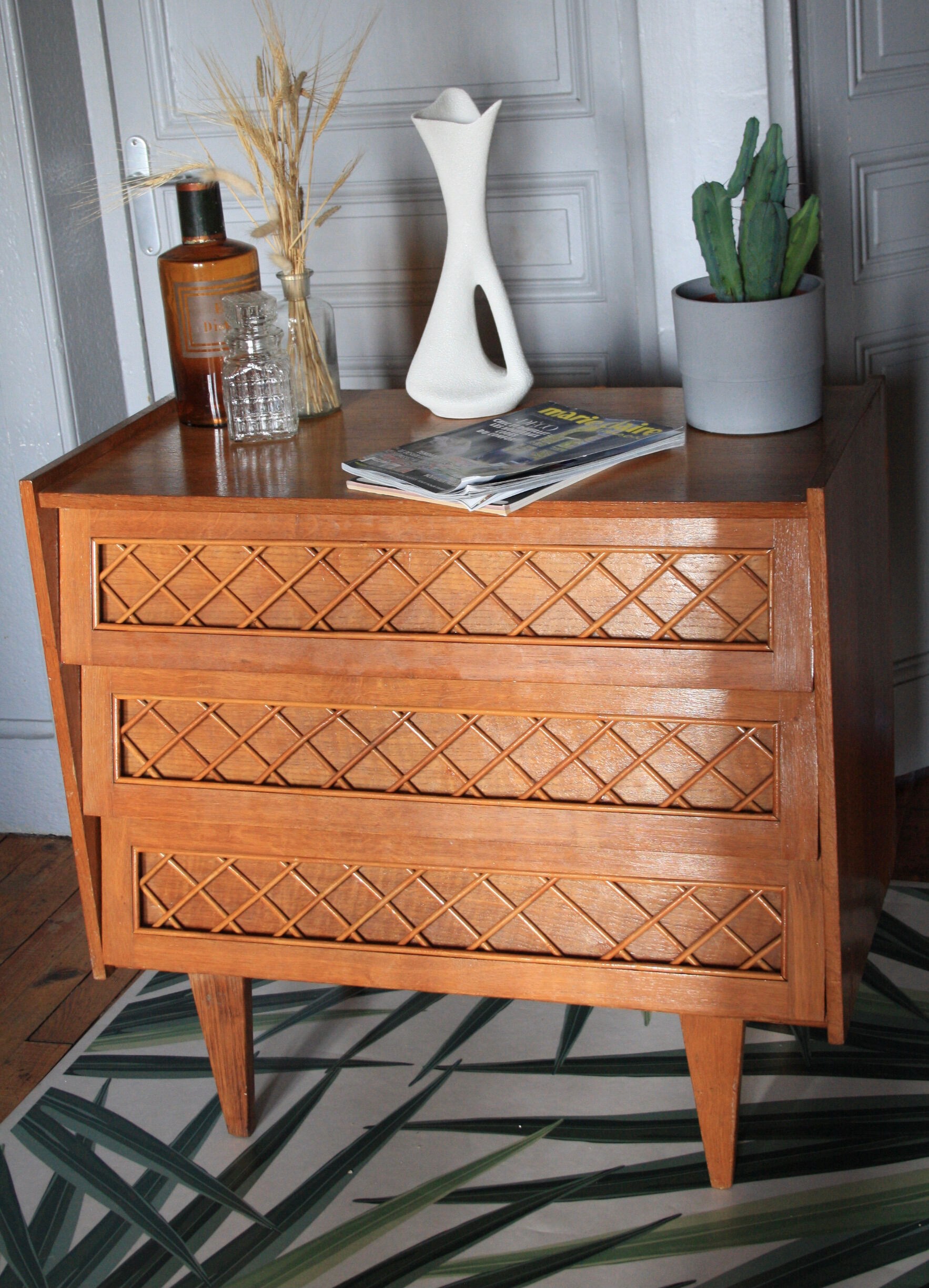 Vintage rattan wood chest of drawers