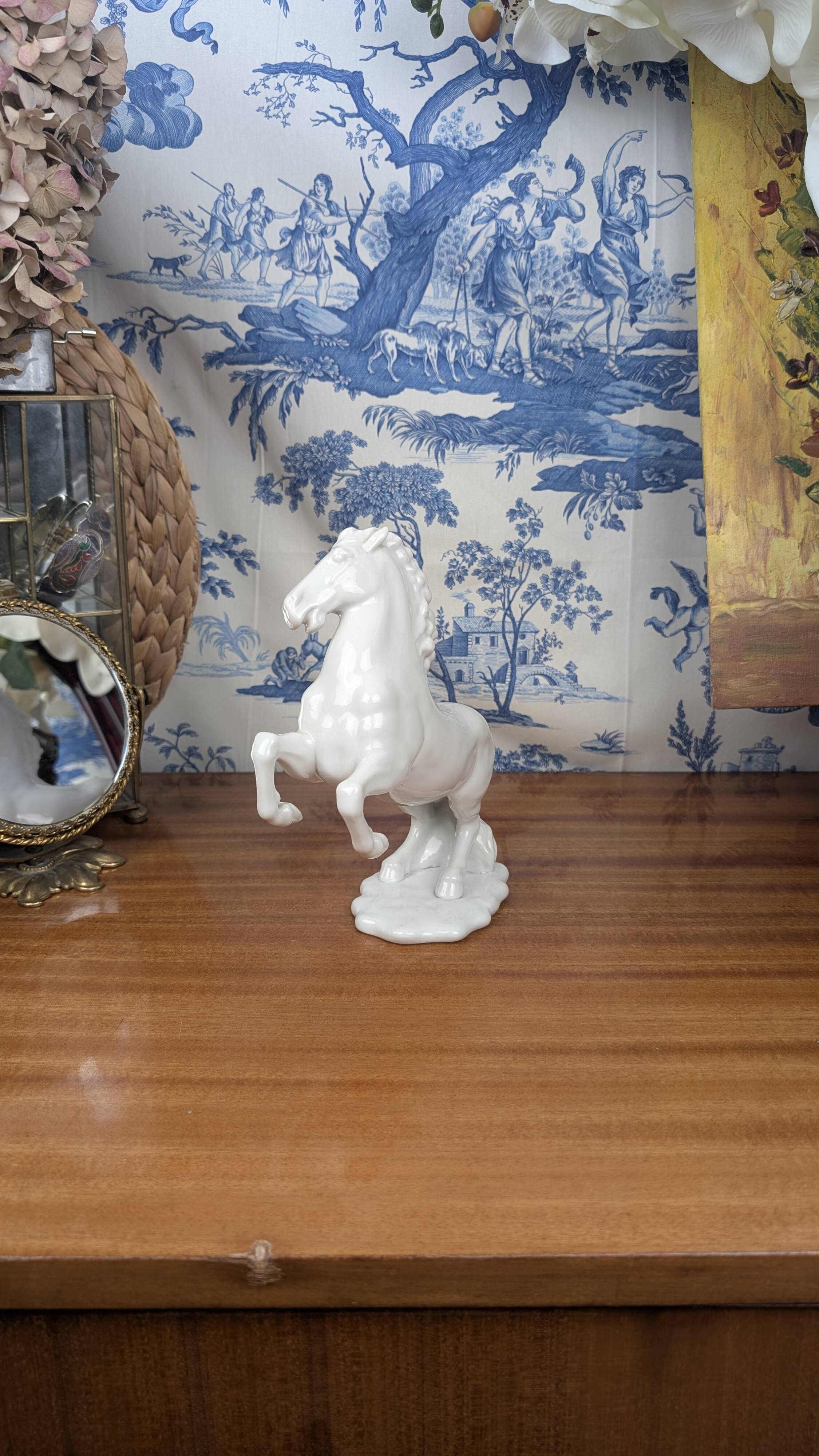 Figurine of a Slender Lipizzaner Horse in White Glazed Biscuit Porcelain