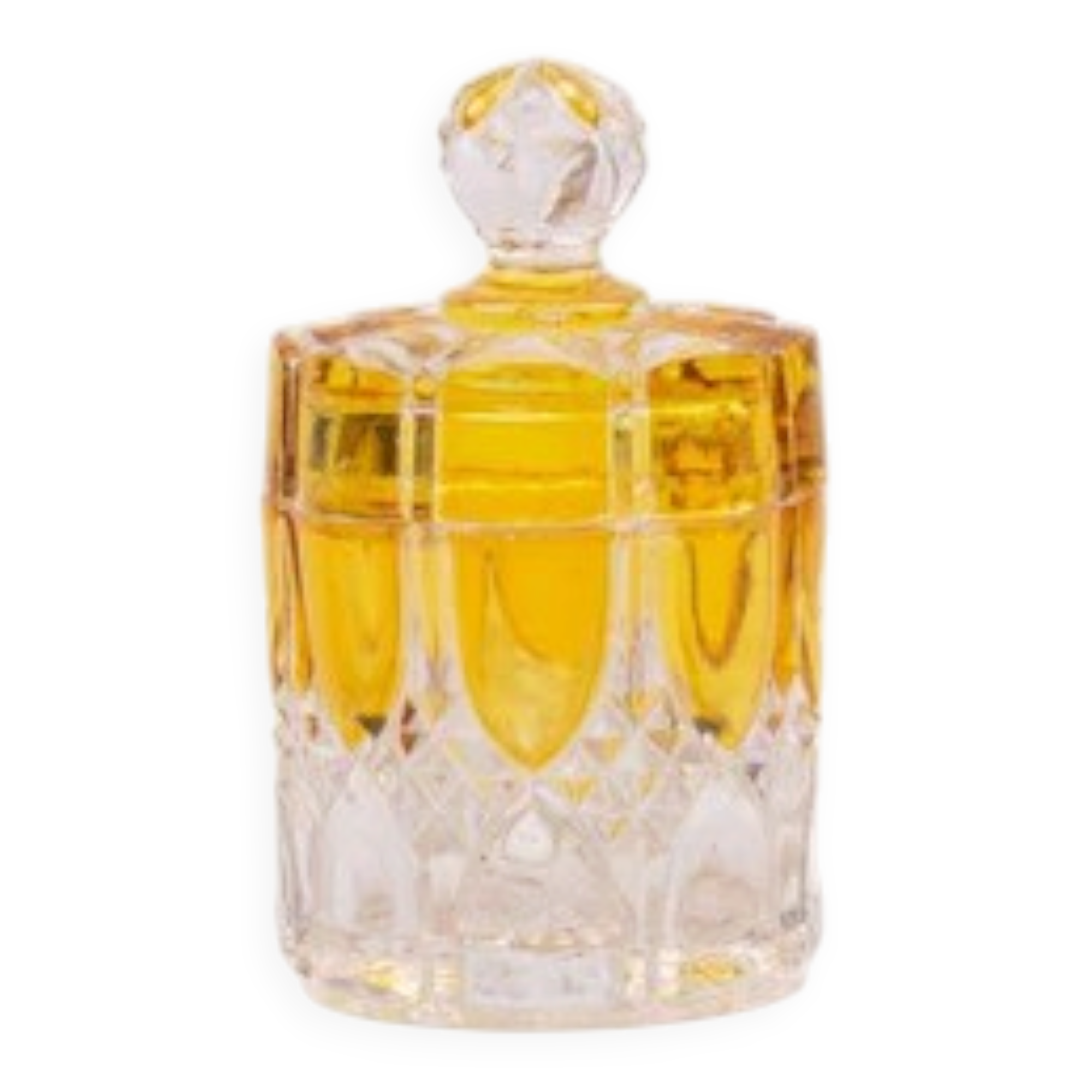 Small amber and transparent crystal pot with lid from the Val Saint-Lambert Luxval Art Deco collection.