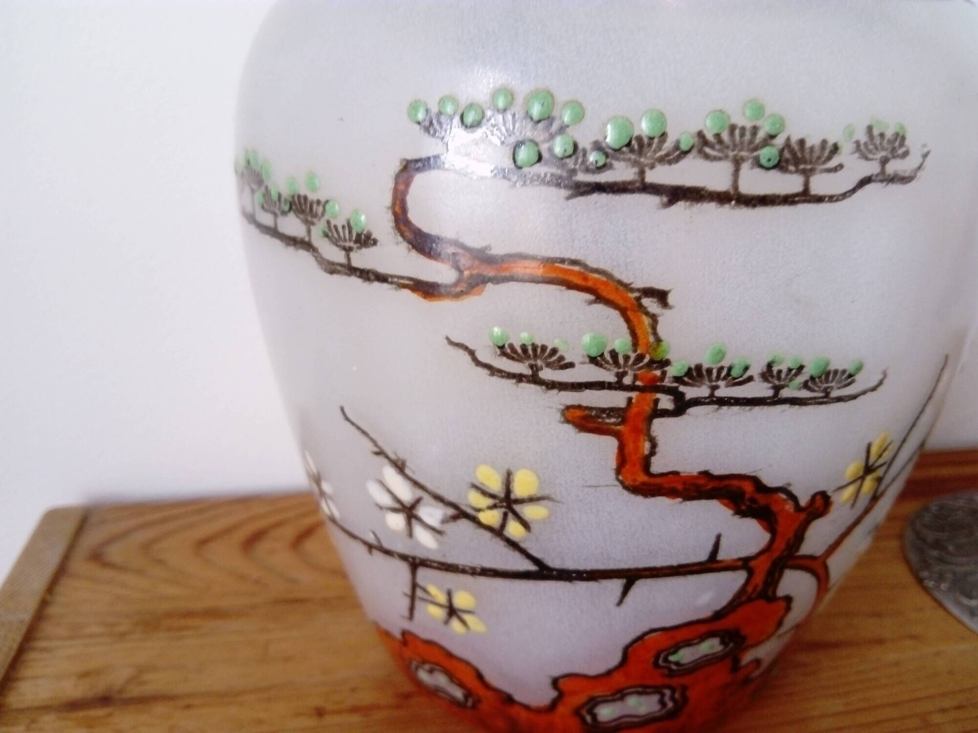 frosted glass cookie bucket with Japanese decoration. Art Nouveau
