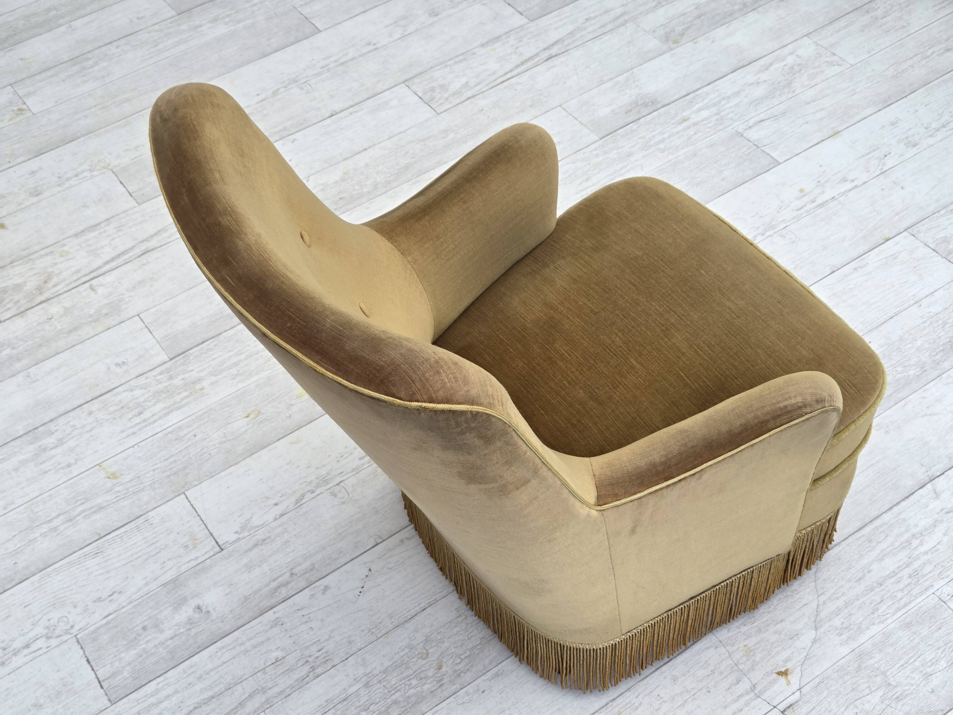 1970s, Danish highback back armchair, light green furniture velour.