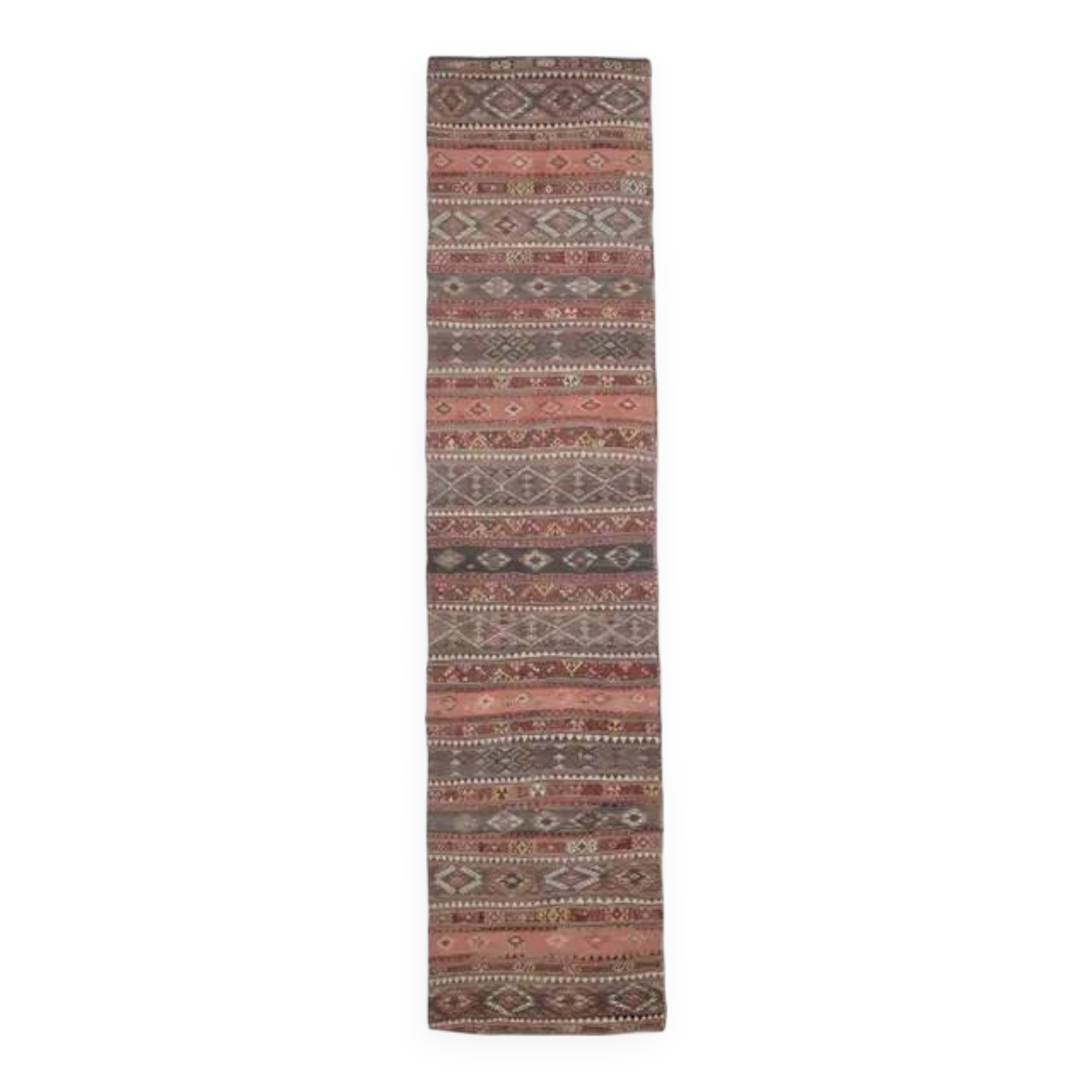 1970s Turkish Oushak Handmade Wool Cotton Brown Kilim Runner Rug 98x418