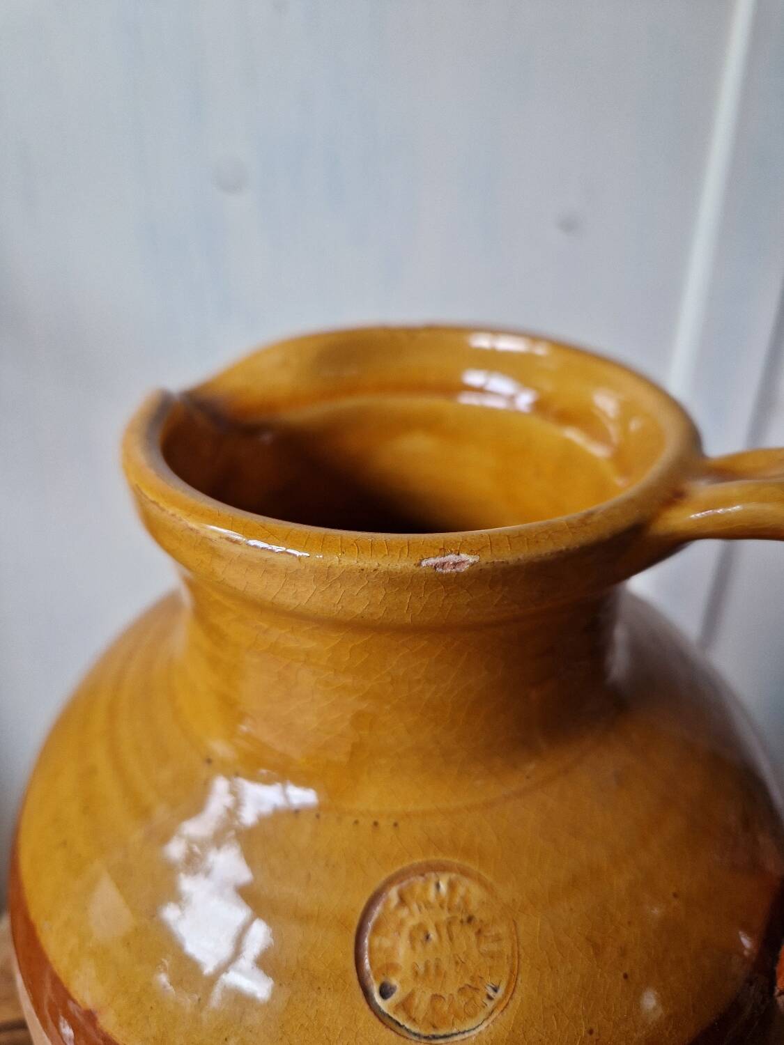 Antique glazed terracotta pitcher, brown semi-glazed jug, vase