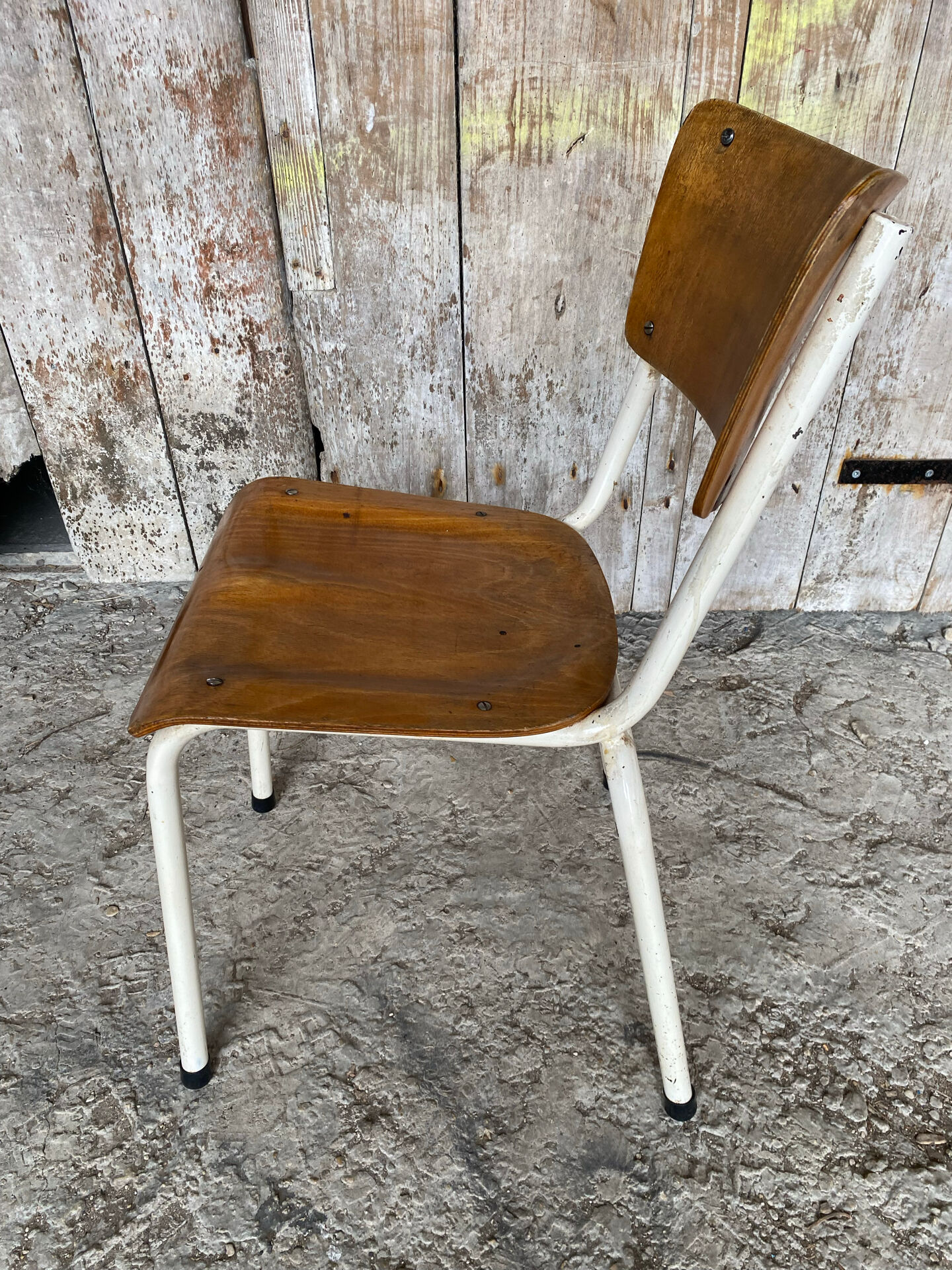 Chaise ecolier ancienne colmon tube metal blanc + bois vintage