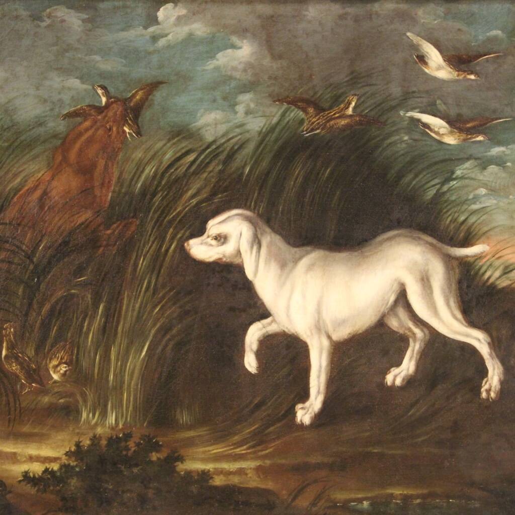 Peinture ancienne du XVIIIe siècle, paysage avec chien