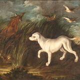 Tableau ancien du 18ème siècle, paysage avec chien