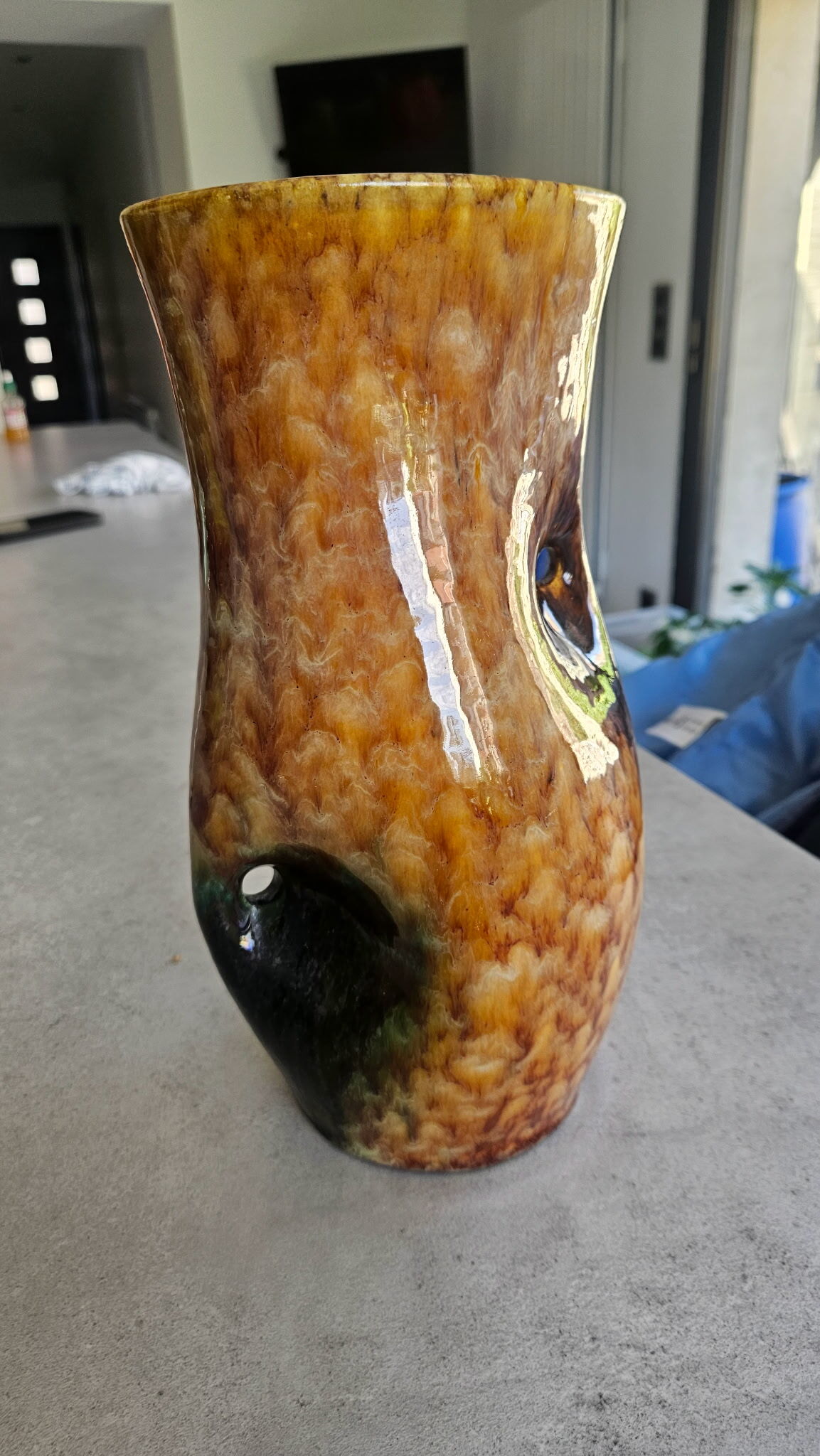 Vintage organic ceramic vase with a flamed glaze – Signed Accolay