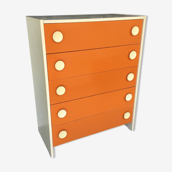 Commode orange 5 tiroirs design pop - 1970