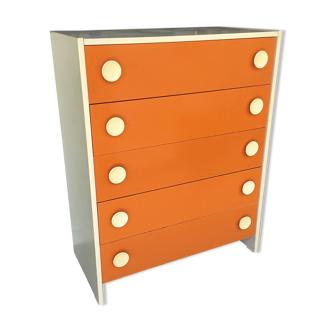 Commode orange 5 tiroirs design pop - 1970