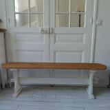 Vintage bench re-enchanted in pearl gray, wooden seat.