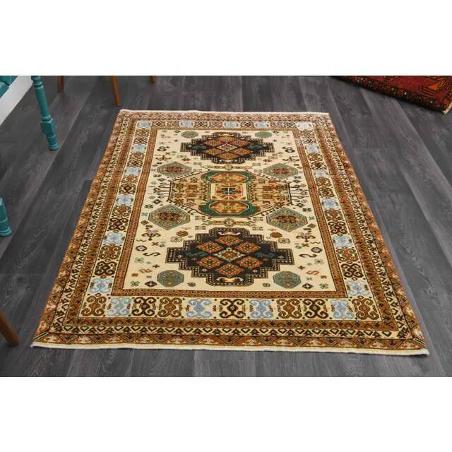 1970s Vintage Turkish Hand-Knotted Wool Cotton Yellow Area Rug 131x177