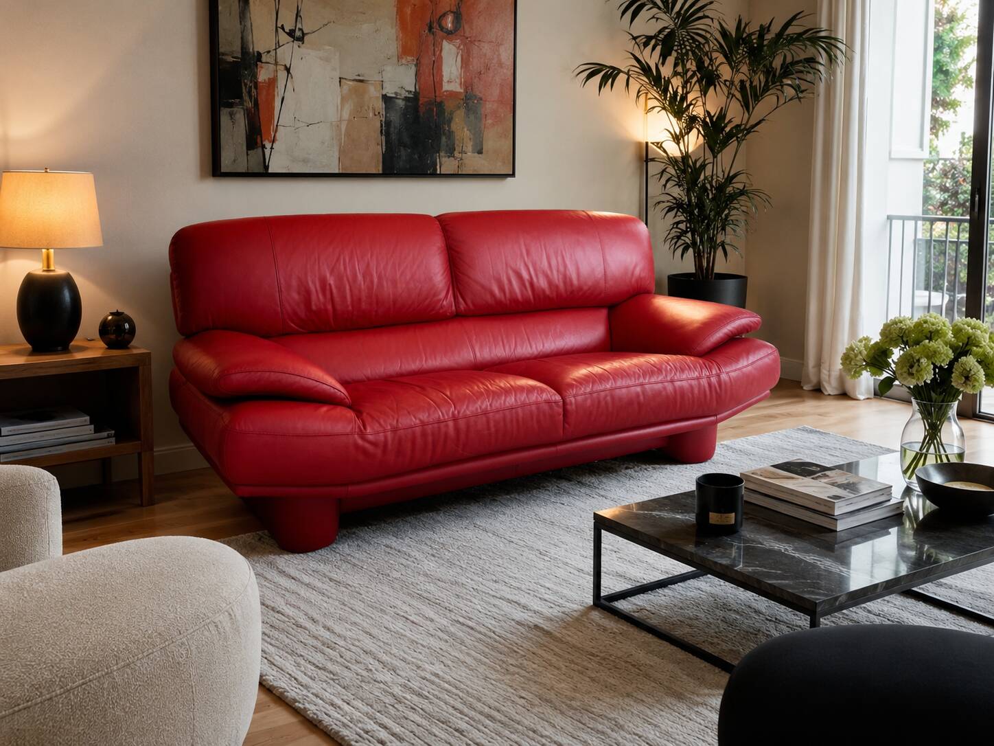 Three-seater red full-grain leather sofa – Vintage Italian design from the years.