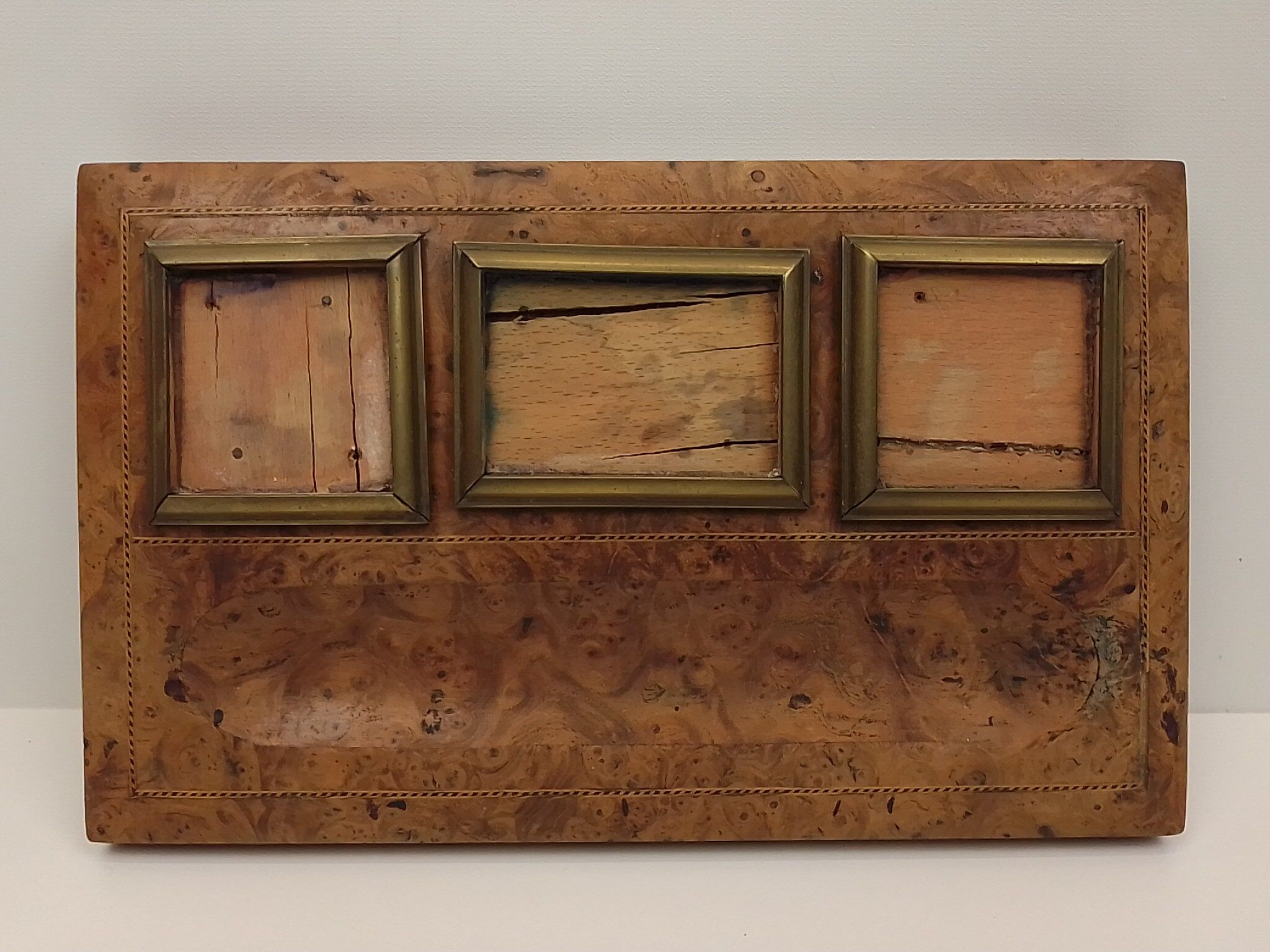 Old wooden office inkwell set and glass and brass accessories